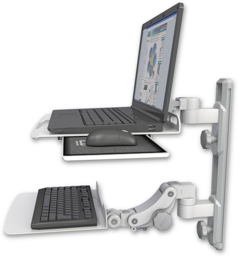 [LUS-T19D-KP12F] AccessMount™ Laptop tray with slider mount on a 19" wall track, separate arms, and a 12" flat paralink keyboard tray