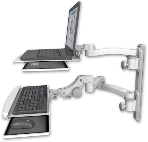 [LUS-T19D-KPB-A3] AccessMount™ Laptop tray with slider mount on a 19" wall track, separate arms, a paralink keyboard tray w/ wrist rest bend, and an 11" arm and 20" double-arm