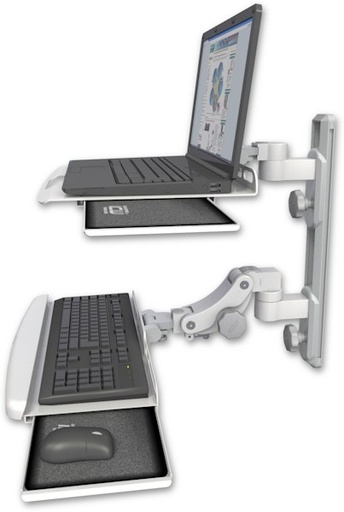 [LUS-T19D-KPB] AccessMount™ Laptop tray with slider mount on a 19" wall track, separate arms, and a paralink keyboard tray w/ wrist rest bend