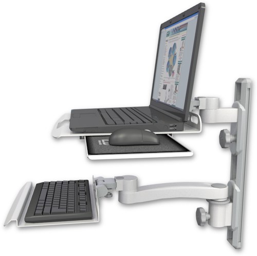 [LUS-T19D-KU12-A1] AccessMount™ Laptop tray with slider mount on a 19" wall track, separate arms, a 12" keyboard tray, and an 11" arm