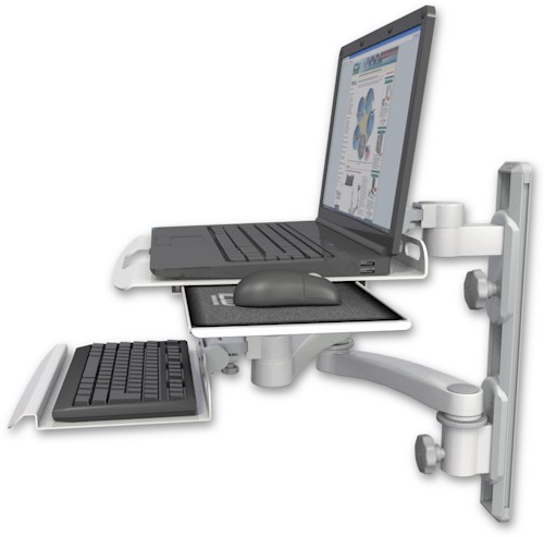 [LUS-T19D-KU12-A2] AccessMount™ Laptop tray with slider mount on a 19" wall track, separate arms, a 12" keyboard tray, and a 20" double-arm