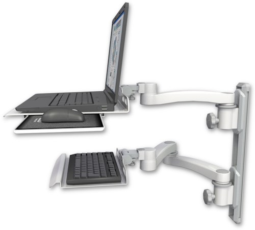 [LUS-T19D-KU12-A3] AccessMount™ Laptop tray with slider mount on a 19" wall track, separate arms, a 12" keyboard tray, and an 11" arm and 20" double-arm