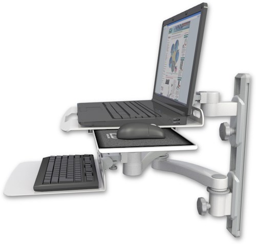 [LUS-T19D-KU12F-A2] AccessMount™ Laptop tray with slider mount on a 19" wall track, separate arms, a 12" flat keyboard tray, and a 20" double-arm