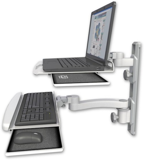 [LUS-T19D-KUB-A1] AccessMount™ Laptop tray with slider mount on a 19" wall track, separate arms, a wrist-rest keyboard tray, and an 11" arm