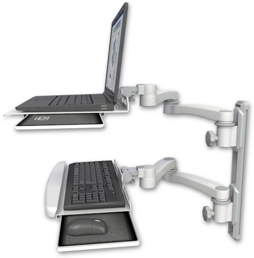 [LUS-T19D-KUB-A4] AccessMount™ Laptop tray with slider mount on a 19" wall track, separate arms, a wrist-rest keyboard tray, and two 20" double-arms