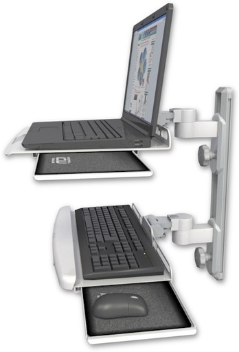 [LUS-T19D-KUB] AccessMount™ Laptop tray with slider mount on a 19" wall track, separate arms, and a wrist-rest keyboard tray