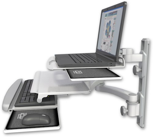 [LUS-T19D-KUS-A2] AccessMount™ Laptop tray with slider mount on a 19" wall track, separate arms, a work surface tray and slide-out keyboard tray, and a 20" double-arm