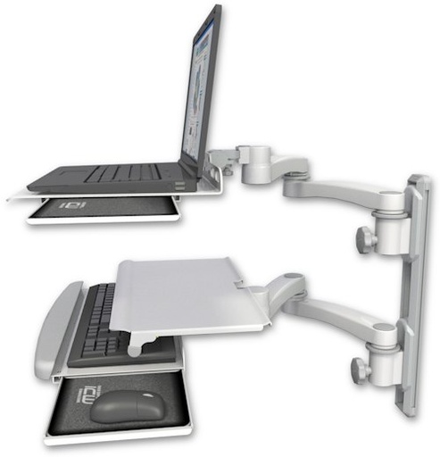[LUS-T19D-KUS-A4] AccessMount™ Laptop tray with slider mount on a 19" wall track, separate arms, a work surface tray and slide-out keyboard tray, and two 20" double-arms