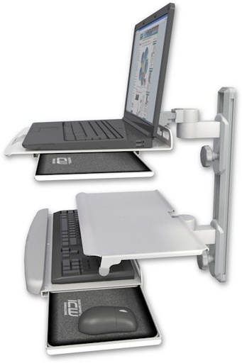 [LUS-T19D-KUS] AccessMount™ Laptop tray with slider mount on a 19" wall track, separate arms, and a work surface tray and slide-out keyboard tray