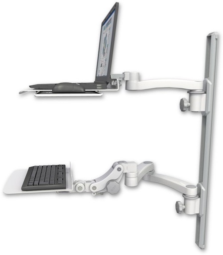 [LUS-T36D-KP12F-A3] AccessMount™ Laptop tray with slider mount on a 36" wall track, separate arms, a 12" flat paralink keyboard tray, and an 11" arm and 20" double-arm
