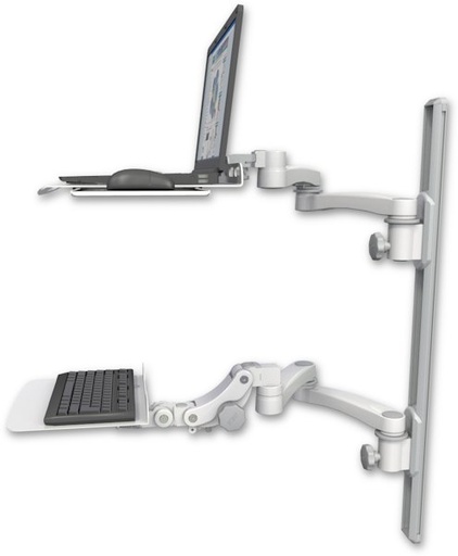 [LUS-T36D-KP12F-A4] AccessMount™ Laptop tray with slider mount on a 36" wall track, separate arms, a 12" flat paralink keyboard tray, and two 20" double-arms