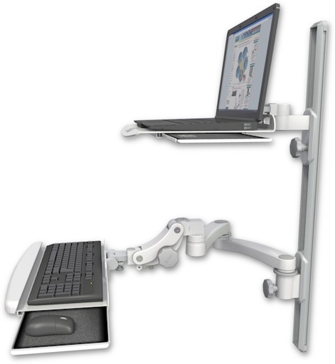 [LUS-T36D-KPB-A2] AccessMount™ Laptop tray with slider mount on a 36" wall track, separate arms, a paralink keyboard tray w/ wrist rest bend, and a 20" double-arm