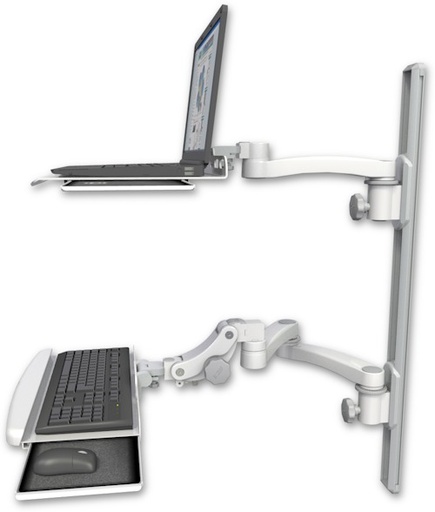 [LUS-T36D-KPB-A3] AccessMount™ Laptop tray with slider mount on a 36" wall track, separate arms, a paralink keyboard tray w/ wrist rest bend, and an 11" arm and 20" double-arm