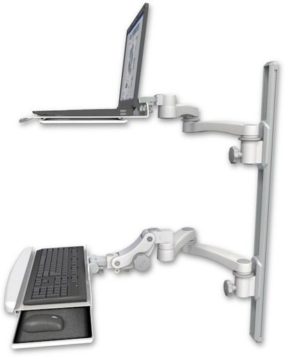 [LUS-T36D-KPB-A4] AccessMount™ Laptop tray with slider mount on a 36" wall track, separate arms, a paralink keyboard tray w/ wrist rest bend, and two 20" double-arms