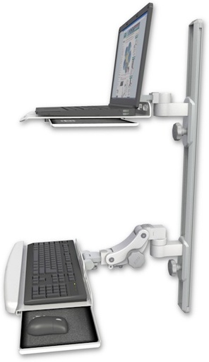 [LUS-T36D-KPB] AccessMount™ Laptop tray with slider mount on a 36" wall track, separate arms, and a paralink keyboard tray w/ wrist rest bend