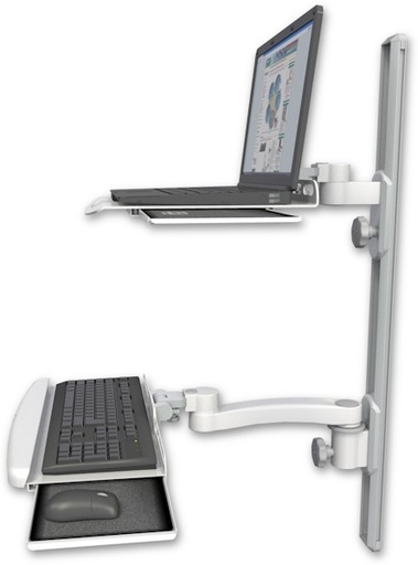 [LUS-T36D-KUB-A1] AccessMount™ Laptop tray with slider mount on a 36" wall track, separate arms, a wrist-rest keyboard tray, and an 11" arm