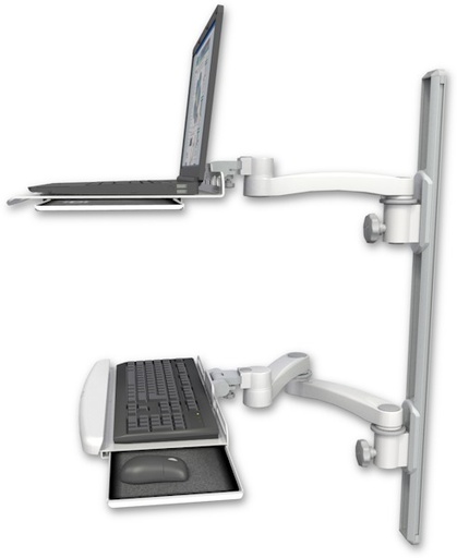 [LUS-T36D-KUB-A3] AccessMount™ Laptop tray with slider mount on a 36" wall track, separate arms, a wrist-rest keyboard tray, and an 11" arm and 20" double-arm