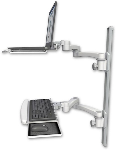 [LUS-T36D-KUB-A4] AccessMount™ Laptop tray with slider mount on a 36" wall track, separate arms, a wrist-rest keyboard tray, and two 20" double-arms
