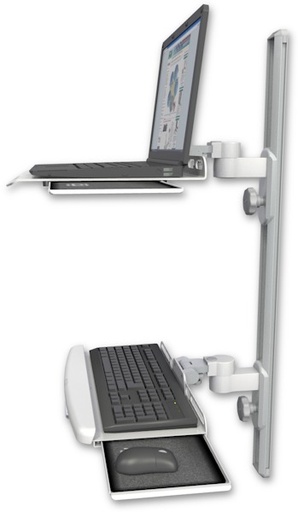 [LUS-T36D-KUB] AccessMount™ Laptop tray with slider mount on a 36" wall track, separate arms, and a wrist-rest keyboard tray