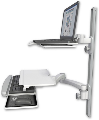 [LUS-T36D-KUS-A2] AccessMount™ Laptop tray with slider mount on a 36" wall track, separate arms, a work surface tray and slide-out keyboard tray, and a 20" double-arm