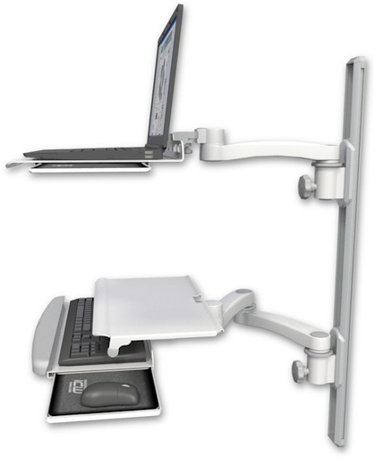 [LUS-T36D-KUS-A3] AccessMount™ Laptop tray with slider mount on a 36" wall track, separate arms, a work surface tray and slide-out keyboard tray, and an 11" arm and 20" double-arm