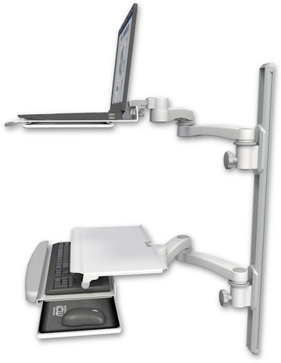 [LUS-T36D-KUS-A4] AccessMount™ Laptop tray with slider mount on a 36" wall track, separate arms, a work surface tray and slide-out keyboard tray, and two 20" double-arms