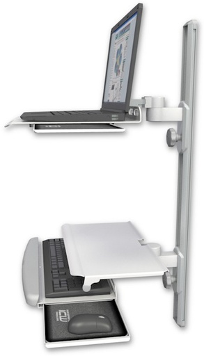 [LUS-T36D-KUS] AccessMount™ Laptop tray with slider mount on a 36" wall track, separate arms, and a work surface tray and slide-out keyboard tray