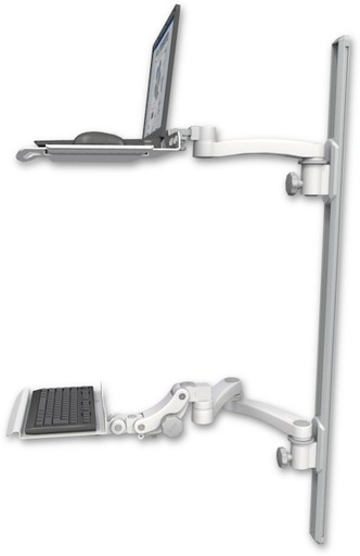 [LUS-T50D-KP12-A3] AccessMount™ Laptop tray with slider mount on a 50" wall track, separate arms, a 12" paralink keyboard tray, and an 11" arm and 20" double-arm