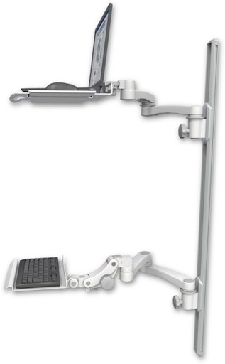[LUS-T50D-KP12-A4] AccessMount™ Laptop tray with slider mount on a 50" wall track, separate arms, a 12" paralink keyboard tray, and two 20" double-arms