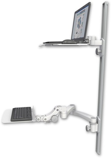 [LUS-T50D-KP12F-A2] AccessMount™ Laptop tray with slider mount on a 50" wall track, separate arms, a 12" flat paralink keyboard tray, and a 20" double-arm