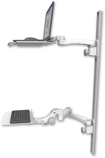 [LUS-T50D-KP12F-A3] AccessMount™ Laptop tray with slider mount on a 50" wall track, separate arms, a 12" flat paralink keyboard tray, and an 11" arm and 20" double-arm