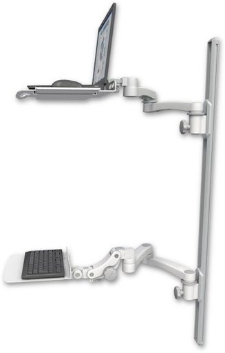 [LUS-T50D-KP12F-A4] AccessMount™ Laptop tray with slider mount on a 50" wall track, separate arms, a 12" flat paralink keyboard tray, and two 20" double-arms