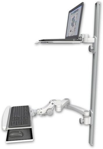 [LUS-T50D-KPB-A2] AccessMount™ Laptop tray with slider mount on a 50" wall track, separate arms, a paralink keyboard tray w/ wrist rest bend, and a 20" double-arm