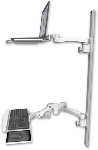 [LUS-T50D-KPB-A3] AccessMount™ Laptop tray with slider mount on a 50" wall track, separate arms, a paralink keyboard tray w/ wrist rest bend, and an 11" arm and 20" double-arm