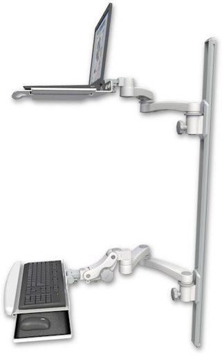 [LUS-T50D-KPB-A4] AccessMount™ Laptop tray with slider mount on a 50" wall track, separate arms, a paralink keyboard tray w/ wrist rest bend, and two 20" double-arms