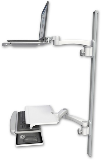 [LUS-T50D-KUS-A3] AccessMount™ Laptop tray with slider mount on a 50" wall track, separate arms, a work surface tray and slide-out keyboard tray, and an 11" arm and 20" double-arm