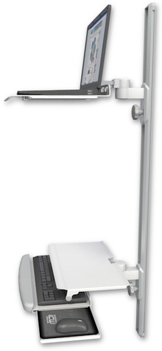 [LUS-T50D-KUS] AccessMount™ Laptop tray with slider mount on a 50" wall track, separate arms, and a work surface tray and slide-out keyboard tray