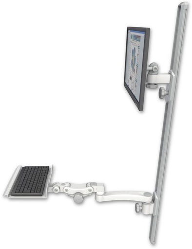 [EV65-T50D-KP12-A1] AccessMount™ ErgoVision 65 LCD mount on a 50" wall track with separate arms, a 12" paralink keyboard tray, and an 11" arm
