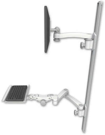 [EV65-T50D-KP12-A3] AccessMount™ ErgoVision 65 LCD mount on a 50" wall track with separate arms, a 12" paralink keyboard tray, and an 11" arm and 20" double-arm