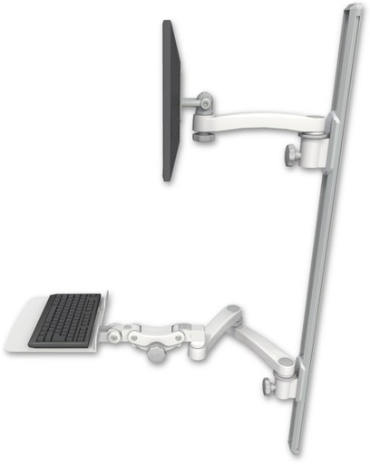 [EV65-T50D-KP12F-A3] AccessMount™ ErgoVision 65 LCD mount on a 50" wall track with separate arms, a 12" flat paralink keyboard tray, and an 11" arm and 20" double-arm