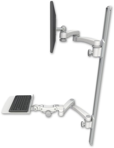 [EV65-T50D-KP12F-A4] AccessMount™ ErgoVision 65 LCD mount on a 50" wall track with separate arms, a 12" flat paralink keyboard tray, and two 20" double-arms