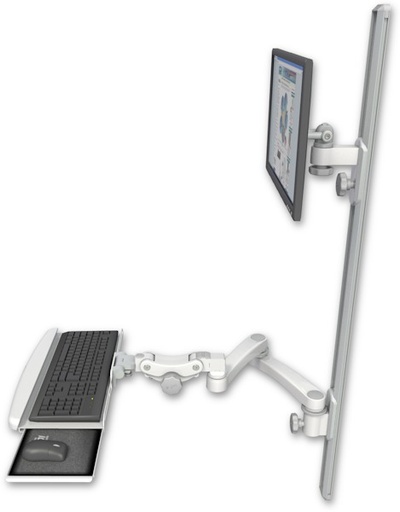 [EV65-T50D-KPB-A2] AccessMount™ ErgoVision 65 LCD mount on a 50" wall track with separate arms, a paralink keyboard tray w/ wrist rest bend, and a 20" double-arm