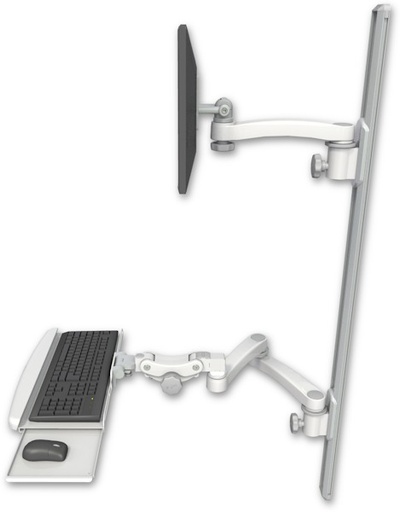 [EV65-T50D-KPB-A3] AccessMount™ ErgoVision 65 LCD mount on a 50" wall track with separate arms, a paralink keyboard tray w/ wrist rest bend, and an 11" arm and 20" double-arm