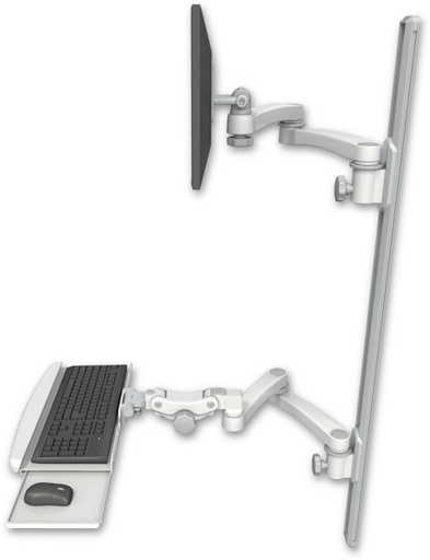 [EV65-T50D-KPB-A4] AccessMount™ ErgoVision 65 LCD mount on a 50" wall track with separate arms, a paralink keyboard tray w/ wrist rest bend, and two 20" double-arms
