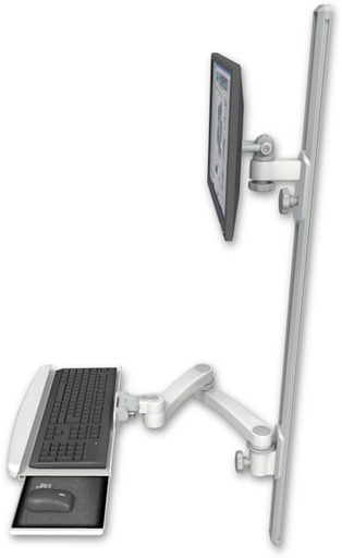 [EV65-T50D-KUB-A2] AccessMount™ ErgoVision 65 LCD mount on a 50" wall track with separate arms, a wrist-rest keyboard tray, and a 20" double-arm