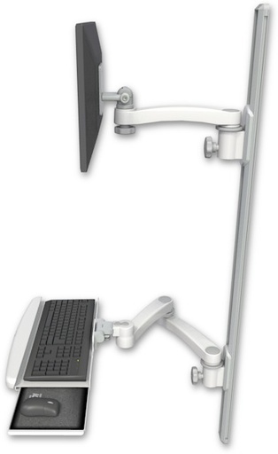[EV65-T50D-KUB-A3] AccessMount™ ErgoVision 65 LCD mount on a 50" wall track with separate arms, a wrist-rest keyboard tray, and an 11" arm and 20" double-arm