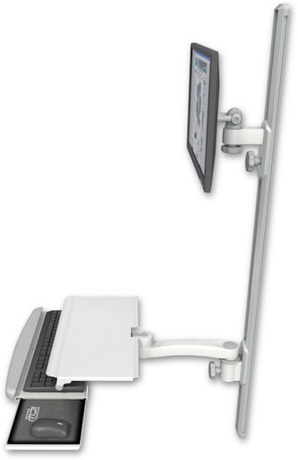 [EV65-T50D-KUS-A1] AccessMount™ ErgoVision 65 LCD mount on a 50" wall track with separate arms, a work surface tray and slide-out keyboard tray, and an 11" arm