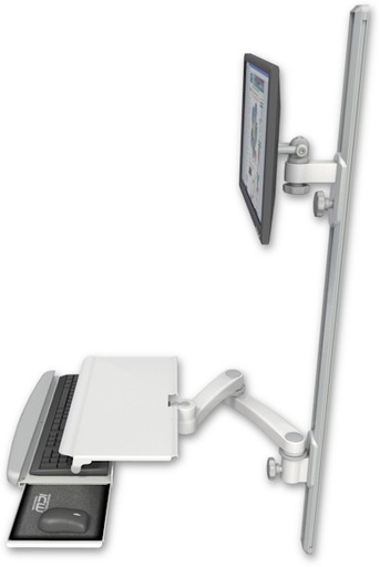 [EV65-T50D-KUS-A2] AccessMount™ ErgoVision 65 LCD mount on a 50" wall track with separate arms, a work surface tray and slide-out keyboard tray, and a 20" double-arm