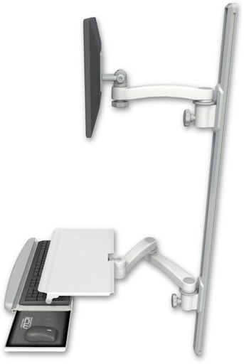 [EV65-T50D-KUS-A3] AccessMount™ ErgoVision 65 LCD mount on a 50" wall track with separate arms, a work surface tray and slide-out keyboard tray, and an 11" arm and 20" double-arm