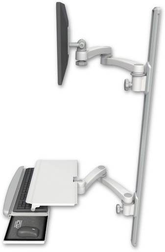 [EV65-T50D-KUS-A4] AccessMount™ ErgoVision 65 LCD mount on a 50" wall track with separate arms, a work surface tray and slide-out keyboard tray, and two 20" double-arms